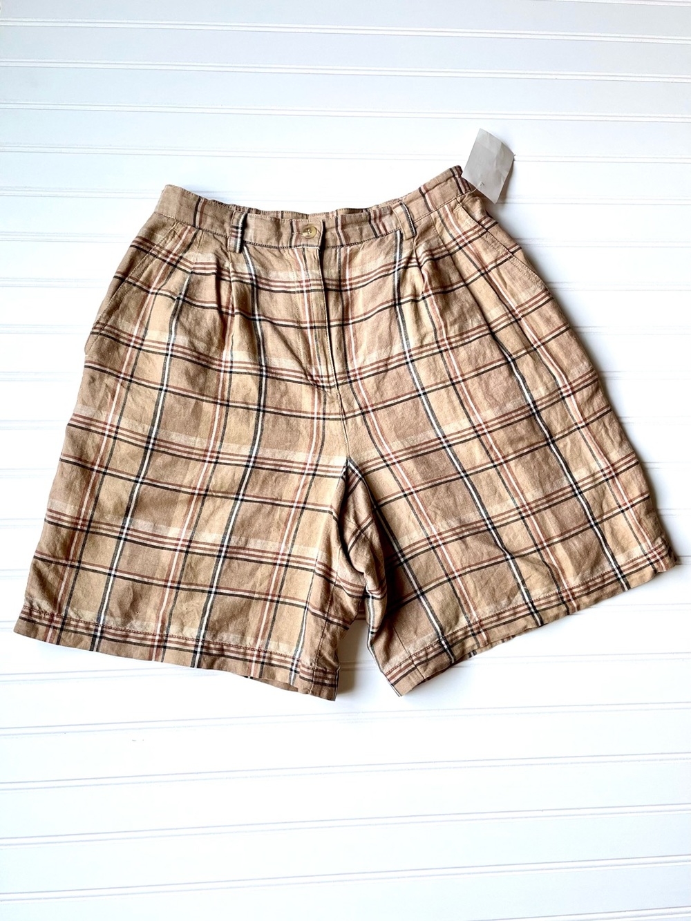 Susan Bristol Women's Plaid Shorts Sz 8 Tan High Rise Pleated Linen Vintage 90's